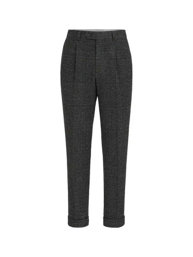 Men's Silk, Wool and Cashmere Prince of Wales Flannel Trousers - Anthracite Men's Silk, Wool and Cashmere Prince of Wales Flannel Trousers - Anthracite