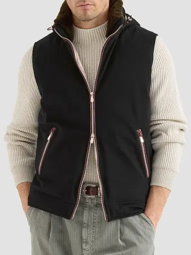 Brunello Cucinelli Men's Bonded Wool Flannel Hooded Down Vest with Detachable Shearling Insert - Black | Thumbnail 3 Brunello Cucinelli Men's Bonded Wool Flannel Hooded Down Vest with Detachable Shearling Insert - Black | Thumbnail 3