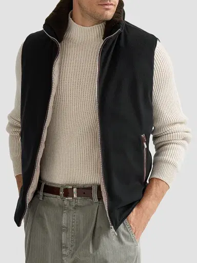 Brunello Cucinelli Men's Bonded Wool Flannel Hooded Down Vest with Detachable Shearling Insert - Black | Thumbnail 5 Brunello Cucinelli Men's Bonded Wool Flannel Hooded Down Vest with Detachable Shearling Insert - Black | Thumbnail 5
