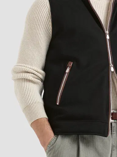 Brunello Cucinelli Men's Bonded Wool Flannel Hooded Down Vest with Detachable Shearling Insert - Black | Thumbnail 6 Brunello Cucinelli Men's Bonded Wool Flannel Hooded Down Vest with Detachable Shearling Insert - Black | Thumbnail 6