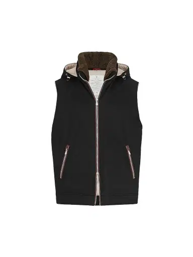 Brunello Cucinelli Men's Bonded Wool Flannel Hooded Down Vest with Detachable Shearling Insert - Black | Thumbnail 1 Brunello Cucinelli Men's Bonded Wool Flannel Hooded Down Vest with Detachable Shearling Insert - Black | Thumbnail 1