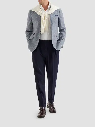 Brunello Cucinelli Men's Cashmere and Silk Houndstooth Flannel Deconstructed Cavallo Blazer - Cerulean | Thumbnail 2 Brunello Cucinelli Men's Cashmere and Silk Houndstooth Flannel Deconstructed Cavallo Blazer - Cerulean | Thumbnail 2