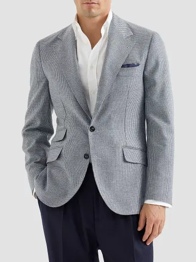 Brunello Cucinelli Men's Cashmere and Silk Houndstooth Flannel Deconstructed Cavallo Blazer - Cerulean | Thumbnail 3 Brunello Cucinelli Men's Cashmere and Silk Houndstooth Flannel Deconstructed Cavallo Blazer - Cerulean | Thumbnail 3
