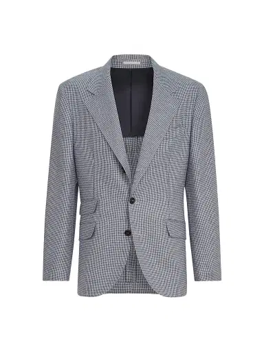 Brunello Cucinelli Men's Cashmere and Silk Houndstooth Flannel Deconstructed Cavallo Blazer - Cerulean | Thumbnail 1 Brunello Cucinelli Men's Cashmere and Silk Houndstooth Flannel Deconstructed Cavallo Blazer - Cerulean | Thumbnail 1