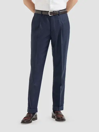 Brunello Cucinelli Men's Virgin Wool Flannel Trousers with Pleats - Blue | Thumbnail 3 Brunello Cucinelli Men's Virgin Wool Flannel Trousers with Pleats - Blue | Thumbnail 3