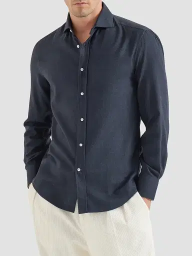 Brunello Cucinelli Men's Stretch Cotton Chevron Flannel Shirt with Spread Collar - Navy Blue | Thumbnail 2 Brunello Cucinelli Men's Stretch Cotton Chevron Flannel Shirt with Spread Collar - Navy Blue | Thumbnail 2