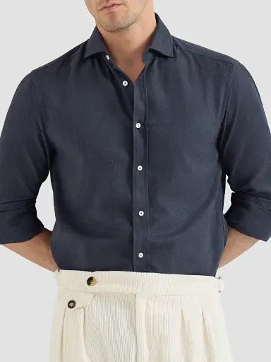 Brunello Cucinelli Men's Stretch Cotton Chevron Flannel Shirt with Spread Collar - Navy Blue | Thumbnail 4 Brunello Cucinelli Men's Stretch Cotton Chevron Flannel Shirt with Spread Collar - Navy Blue | Thumbnail 4