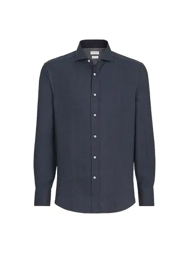 Brunello Cucinelli Men's Stretch Cotton Chevron Flannel Shirt with Spread Collar - Navy Blue | Thumbnail 1 Brunello Cucinelli Men's Stretch Cotton Chevron Flannel Shirt with Spread Collar - Navy Blue | Thumbnail 1