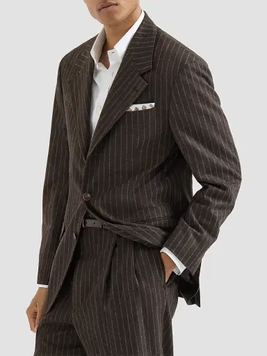 Brunello Cucinelli Men's Virgin Wool and Cashmere Chalk Stripe Flannel Tailor Blazer - Brown | Thumbnail 2 Brunello Cucinelli Men's Virgin Wool and Cashmere Chalk Stripe Flannel Tailor Blazer - Brown | Thumbnail 2