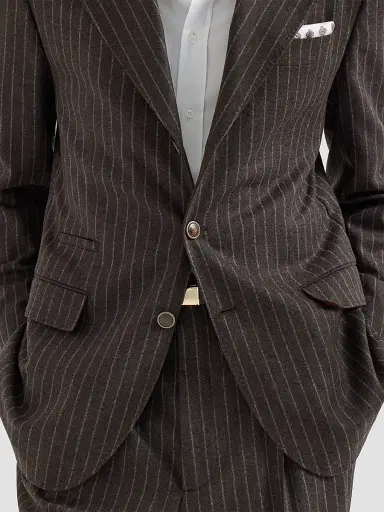 Brunello Cucinelli Men's Virgin Wool and Cashmere Chalk Stripe Flannel Tailor Blazer - Brown | Thumbnail 5 Brunello Cucinelli Men's Virgin Wool and Cashmere Chalk Stripe Flannel Tailor Blazer - Brown | Thumbnail 5