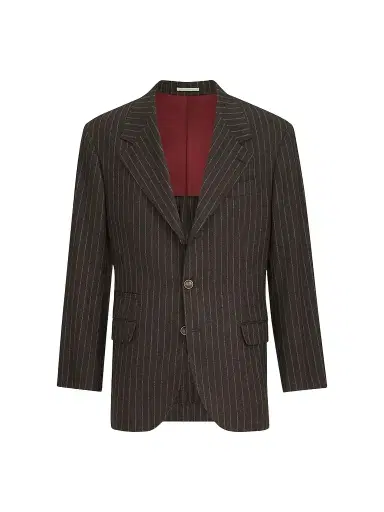 Brunello Cucinelli Men's Virgin Wool and Cashmere Chalk Stripe Flannel Tailor Blazer - Brown | Thumbnail 1 Brunello Cucinelli Men's Virgin Wool and Cashmere Chalk Stripe Flannel Tailor Blazer - Brown | Thumbnail 1