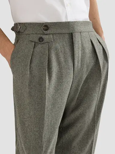 Brunello Cucinelli Men's Virgin Wool Flannel Trousers with Double Pleats - Military | Thumbnail 6 Brunello Cucinelli Men's Virgin Wool Flannel Trousers with Double Pleats - Military | Thumbnail 6