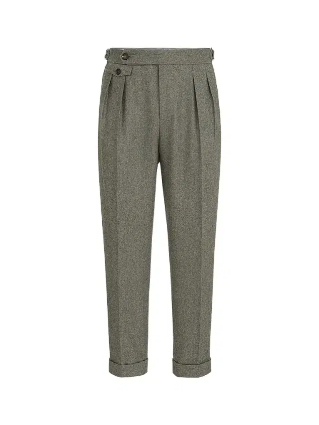 Men's Virgin Wool Flannel Trousers with Double Pleats - Military Men's Virgin Wool Flannel Trousers with Double Pleats - Military