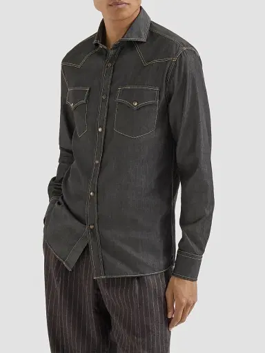 Brunello Cucinelli Men's Lightweight Denim Western Shirt - Dark Grey - Size Medium | Thumbnail 3 Brunello Cucinelli Men's Lightweight Denim Western Shirt - Dark Grey - Size Medium | Thumbnail 3