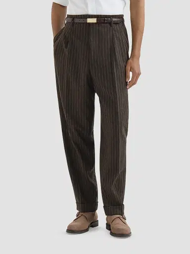 Brunello Cucinelli Men's Virgin Wool and Cashmere Chalk Stripe Trousers with Double Pleats - Brown | Thumbnail 3 Brunello Cucinelli Men's Virgin Wool and Cashmere Chalk Stripe Trousers with Double Pleats - Brown | Thumbnail 3