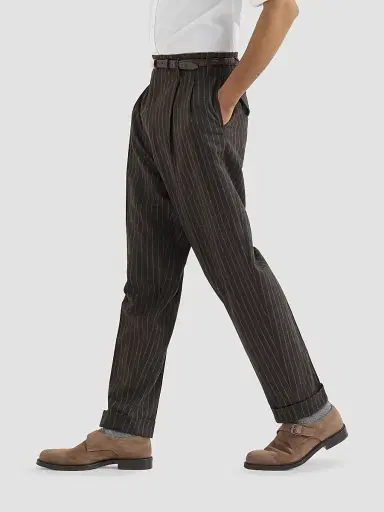 Brunello Cucinelli Men's Virgin Wool and Cashmere Chalk Stripe Trousers with Double Pleats - Brown | Thumbnail 4 Brunello Cucinelli Men's Virgin Wool and Cashmere Chalk Stripe Trousers with Double Pleats - Brown | Thumbnail 4