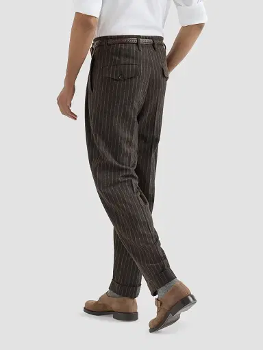 Brunello Cucinelli Men's Virgin Wool and Cashmere Chalk Stripe Trousers with Double Pleats - Brown | Thumbnail 5 Brunello Cucinelli Men's Virgin Wool and Cashmere Chalk Stripe Trousers with Double Pleats - Brown | Thumbnail 5