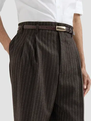 Brunello Cucinelli Men's Virgin Wool and Cashmere Chalk Stripe Trousers with Double Pleats - Brown | Thumbnail 6 Brunello Cucinelli Men's Virgin Wool and Cashmere Chalk Stripe Trousers with Double Pleats - Brown | Thumbnail 6