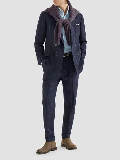 Brunello Cucinelli Men's Multistrip Twill One-and-a-Half Breasted Deconstructed Blazer - Navy Blue | Thumbnail 2 Brunello Cucinelli Men's Multistrip Twill One-and-a-Half Breasted Deconstructed Blazer - Navy Blue | Thumbnail 2