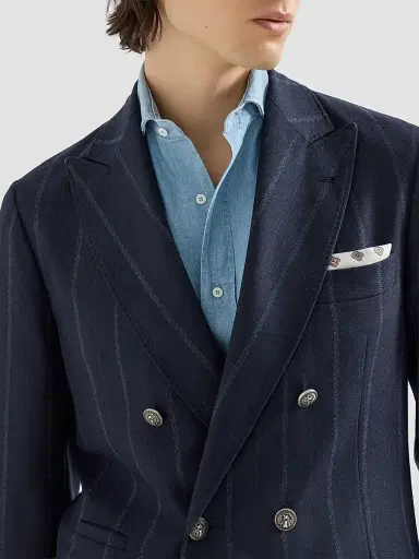 Brunello Cucinelli Men's Multistrip Twill One-and-a-Half Breasted Deconstructed Blazer - Navy Blue | Thumbnail 6 Brunello Cucinelli Men's Multistrip Twill One-and-a-Half Breasted Deconstructed Blazer - Navy Blue | Thumbnail 6