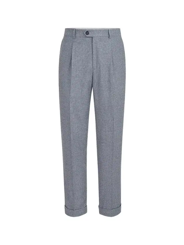 Men's Cashmere and Silk Houndstooth Flannel Trousers with Pleats - Cerulean Men's Cashmere and Silk Houndstooth Flannel Trousers with Pleats - Cerulean