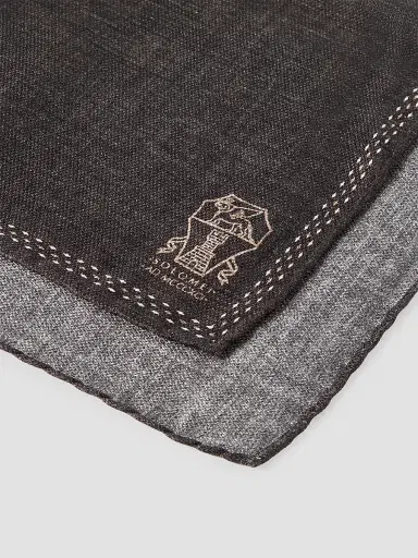 Brunello Cucinelli Men's Silk Pocket Square with Printed Logo - Dark Grey | Thumbnail 3 Brunello Cucinelli Men's Silk Pocket Square with Printed Logo - Dark Grey | Thumbnail 3