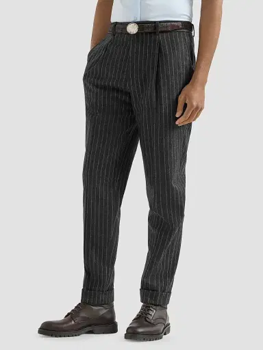 Brunello Cucinelli Men's Virgin Wool and Cashmere Chalk Stripe Flannel Trousers - Anthracite | Thumbnail 4 Brunello Cucinelli Men's Virgin Wool and Cashmere Chalk Stripe Flannel Trousers - Anthracite | Thumbnail 4
