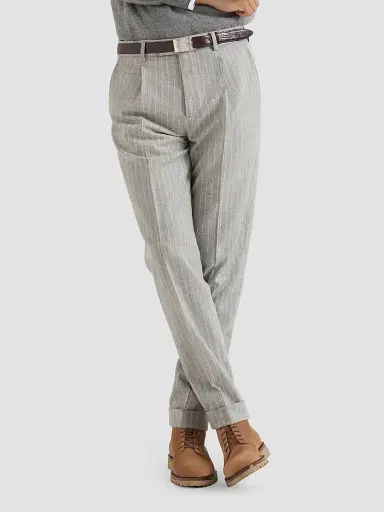 Brunello Cucinelli Men's Virgin Wool and Cashmere Chalk Stripe Flannel Trousers - Light Grey | Thumbnail 3 Brunello Cucinelli Men's Virgin Wool and Cashmere Chalk Stripe Flannel Trousers - Light Grey | Thumbnail 3