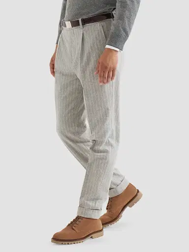 Brunello Cucinelli Men's Virgin Wool and Cashmere Chalk Stripe Flannel Trousers - Light Grey | Thumbnail 4 Brunello Cucinelli Men's Virgin Wool and Cashmere Chalk Stripe Flannel Trousers - Light Grey | Thumbnail 4