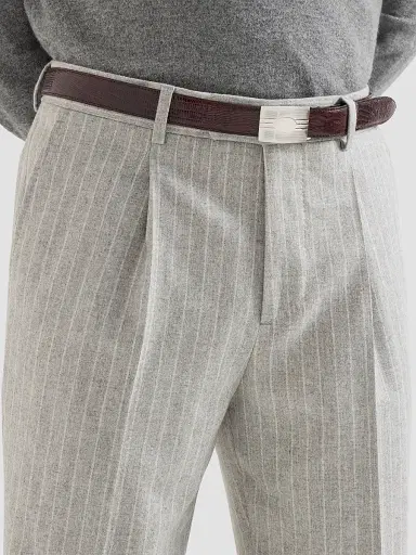 Brunello Cucinelli Men's Virgin Wool and Cashmere Chalk Stripe Flannel Trousers - Light Grey | Thumbnail 6 Brunello Cucinelli Men's Virgin Wool and Cashmere Chalk Stripe Flannel Trousers - Light Grey | Thumbnail 6