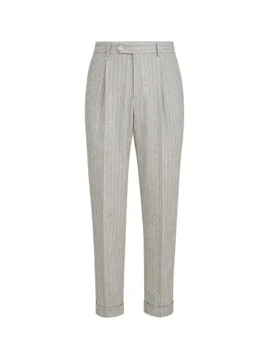 Brunello Cucinelli Men's Virgin Wool and Cashmere Chalk Stripe Flannel Trousers - Light Grey | Thumbnail 1 Brunello Cucinelli Men's Virgin Wool and Cashmere Chalk Stripe Flannel Trousers - Light Grey | Thumbnail 1