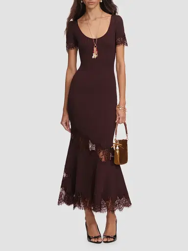 Self-Portrait Women's Lace-Trim Rib-Knit Midi Dress - Brown | Thumbnail 2 Self-Portrait Women's Lace-Trim Rib-Knit Midi Dress - Brown | Thumbnail 2