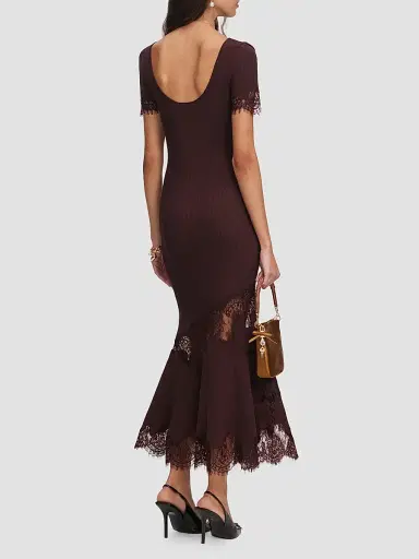 Self-Portrait Women's Lace-Trim Rib-Knit Midi Dress - Brown | Thumbnail 3 Self-Portrait Women's Lace-Trim Rib-Knit Midi Dress - Brown | Thumbnail 3
