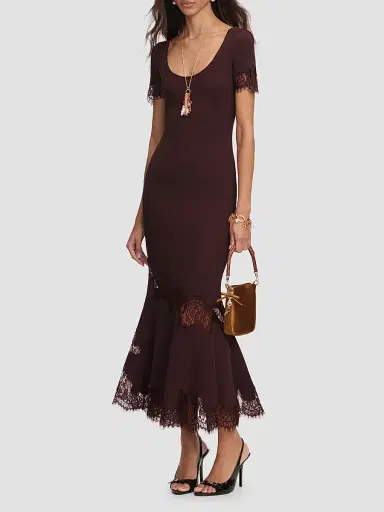 Self-Portrait Women's Lace-Trim Rib-Knit Midi Dress - Brown | Thumbnail 4 Self-Portrait Women's Lace-Trim Rib-Knit Midi Dress - Brown | Thumbnail 4
