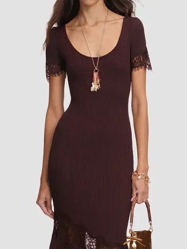 Self-Portrait Women's Lace-Trim Rib-Knit Midi Dress - Brown | Thumbnail 5 Self-Portrait Women's Lace-Trim Rib-Knit Midi Dress - Brown | Thumbnail 5