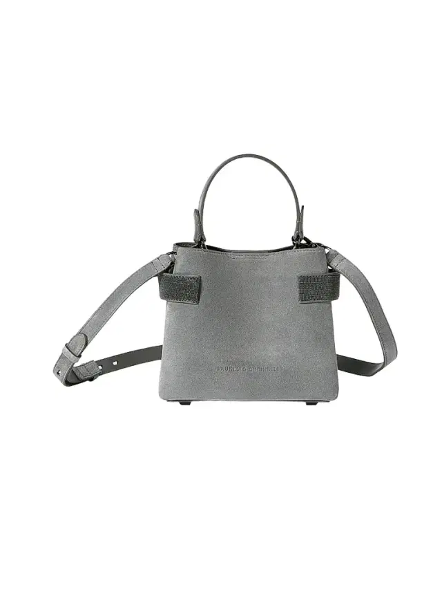 Women's Essence Top Handle Bag in Suede with Precious Bands - Stone Grey Women's Essence Top Handle Bag in Suede with Precious Bands - Stone Grey
