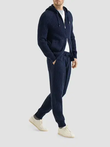 Brunello Cucinelli Men's Cashmere English Rib Hooded Knit Sweatshirt - Blue | Thumbnail 2 Brunello Cucinelli Men's Cashmere English Rib Hooded Knit Sweatshirt - Blue | Thumbnail 2