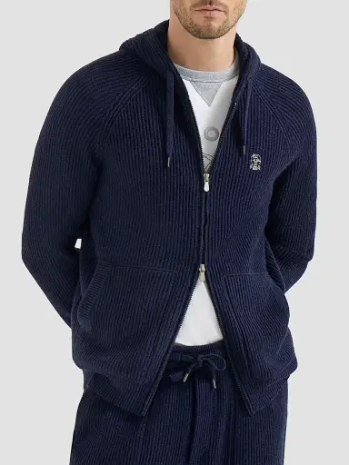Brunello Cucinelli Men's Cashmere English Rib Hooded Knit Sweatshirt - Blue | Thumbnail 3 Brunello Cucinelli Men's Cashmere English Rib Hooded Knit Sweatshirt - Blue | Thumbnail 3