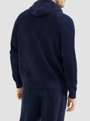 Brunello Cucinelli Men's Cashmere English Rib Hooded Knit Sweatshirt - Blue | Thumbnail 4 Brunello Cucinelli Men's Cashmere English Rib Hooded Knit Sweatshirt - Blue | Thumbnail 4