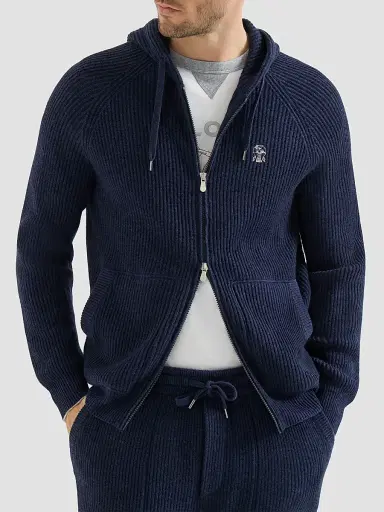 Brunello Cucinelli Men's Cashmere English Rib Hooded Knit Sweatshirt - Blue | Thumbnail 5 Brunello Cucinelli Men's Cashmere English Rib Hooded Knit Sweatshirt - Blue | Thumbnail 5