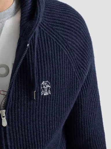 Brunello Cucinelli Men's Cashmere English Rib Hooded Knit Sweatshirt - Blue | Thumbnail 6 Brunello Cucinelli Men's Cashmere English Rib Hooded Knit Sweatshirt - Blue | Thumbnail 6