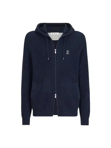 Brunello Cucinelli Men's Cashmere English Rib Hooded Knit Sweatshirt - Blue | Thumbnail 1 Brunello Cucinelli Men's Cashmere English Rib Hooded Knit Sweatshirt - Blue | Thumbnail 1