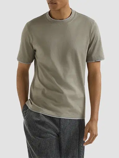 Brunello Cucinelli Men's Cotton Jersey Crewneck T-Shirt with Faux Layering - Khaki | Thumbnail 2 Brunello Cucinelli Men's Cotton Jersey Crewneck T-Shirt with Faux Layering - Khaki | Thumbnail 2