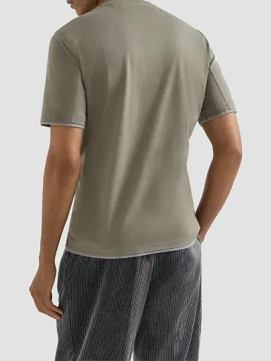 Brunello Cucinelli Men's Cotton Jersey Crewneck T-Shirt with Faux Layering - Khaki | Thumbnail 3 Brunello Cucinelli Men's Cotton Jersey Crewneck T-Shirt with Faux Layering - Khaki | Thumbnail 3