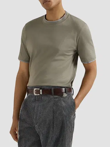 Brunello Cucinelli Men's Cotton Jersey Crewneck T-Shirt with Faux Layering - Khaki | Thumbnail 4 Brunello Cucinelli Men's Cotton Jersey Crewneck T-Shirt with Faux Layering - Khaki | Thumbnail 4