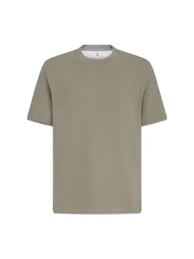 Brunello Cucinelli Men's Cotton Jersey Crewneck T-Shirt with Faux Layering - Khaki | Thumbnail 1 Brunello Cucinelli Men's Cotton Jersey Crewneck T-Shirt with Faux Layering - Khaki | Thumbnail 1