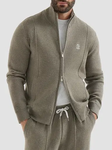 Brunello Cucinelli Men's Cashmere Double Knit Cardigan with Zipper - Military | Thumbnail 3 Brunello Cucinelli Men's Cashmere Double Knit Cardigan with Zipper - Military | Thumbnail 3
