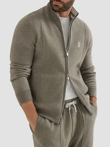 Brunello Cucinelli Men's Cashmere Double Knit Cardigan with Zipper - Military | Thumbnail 5 Brunello Cucinelli Men's Cashmere Double Knit Cardigan with Zipper - Military | Thumbnail 5