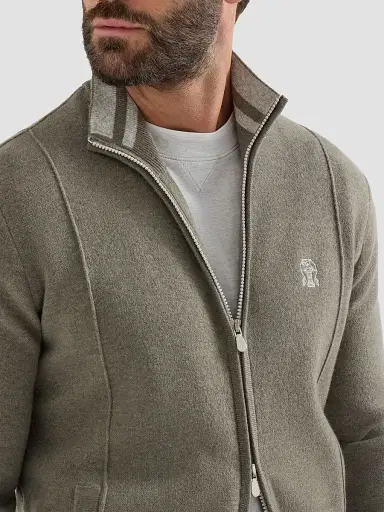 Brunello Cucinelli Men's Cashmere Double Knit Cardigan with Zipper - Military | Thumbnail 6 Brunello Cucinelli Men's Cashmere Double Knit Cardigan with Zipper - Military | Thumbnail 6