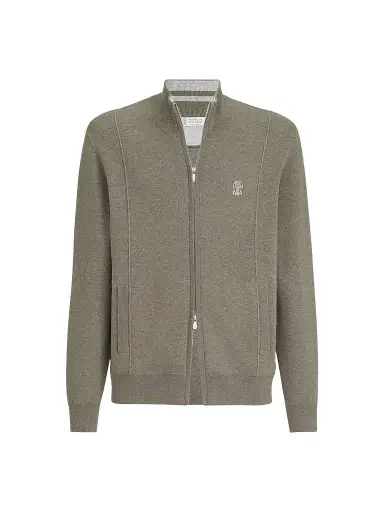 Brunello Cucinelli Men's Cashmere Double Knit Cardigan with Zipper - Military | Thumbnail 1 Brunello Cucinelli Men's Cashmere Double Knit Cardigan with Zipper - Military | Thumbnail 1